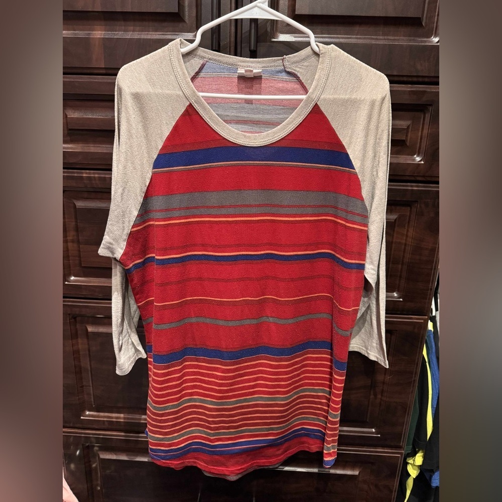 Lula roe Striped Red and Gray Raglan Sleeve Top XL